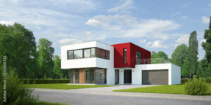 Visualisierung eines modernen Hauses mit roter Akzentfassade als Neubauprojekt