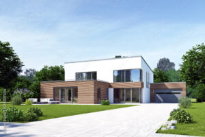 Visualisierung einer modernen weißen Villa mit Einfahrt als Neubauprojekt