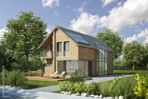 Visualisierung eines Holzhauses mit Satteldach und Garten als Neubau