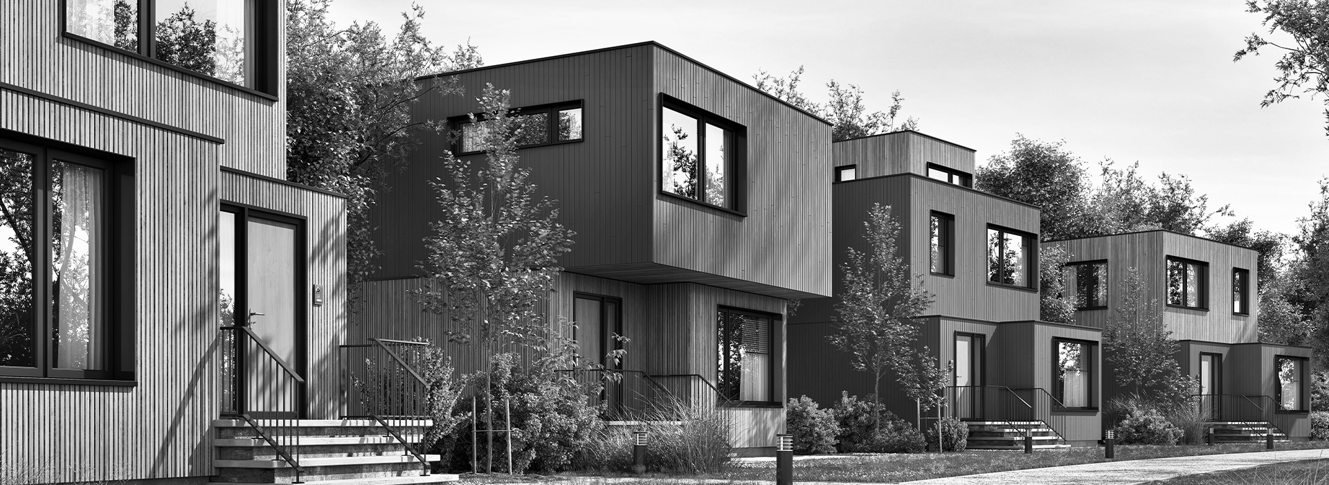 Reihenhäuser als architektonische Visualisierung in Schwarz-Weiß