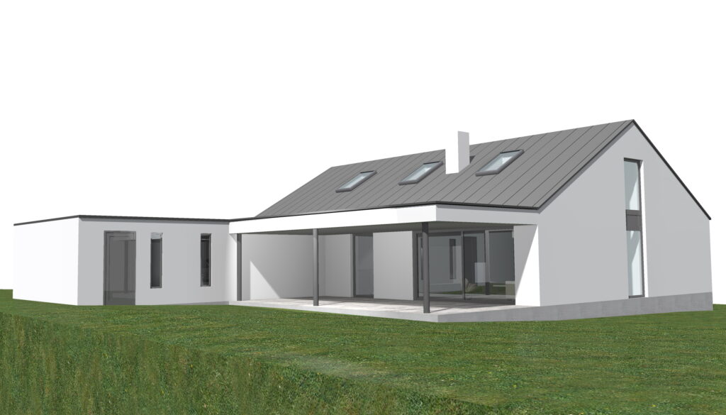 3D-Visualisierung eines modernen Einfamilienhauses mit Satteldach als Neubauplanung