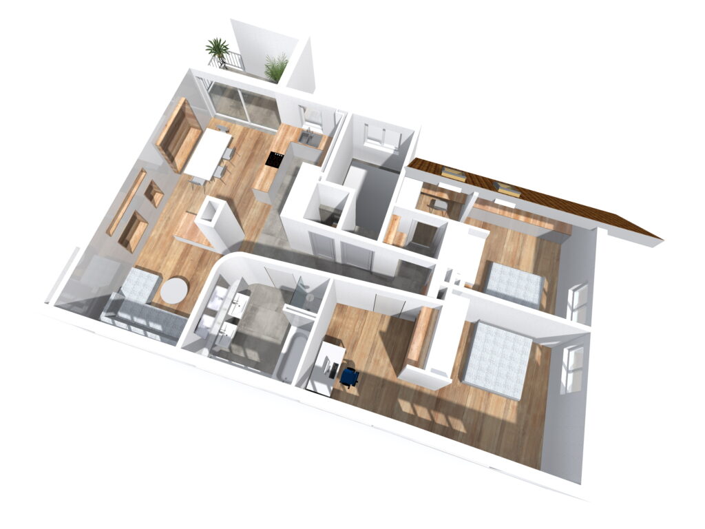 3D-Schnittmodell einer Wohnung mit Raumaufteilung zur Sanierungsplanung