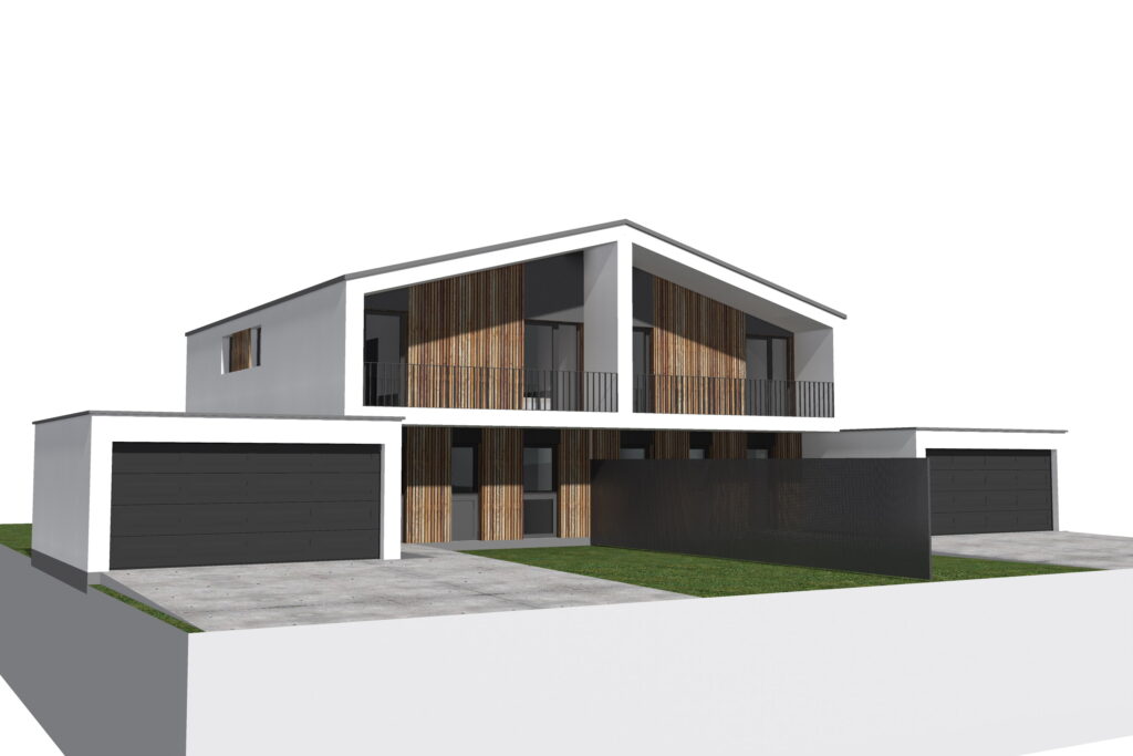 3D-Visualisierung eines modernen Wohnhauses mit Garage und Holzfassade