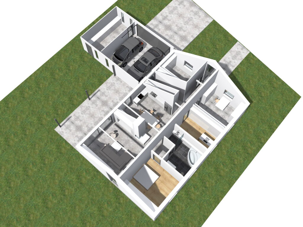 3D-Schnittmodell eines Hauses mit Innenräumen zur Bauplanung