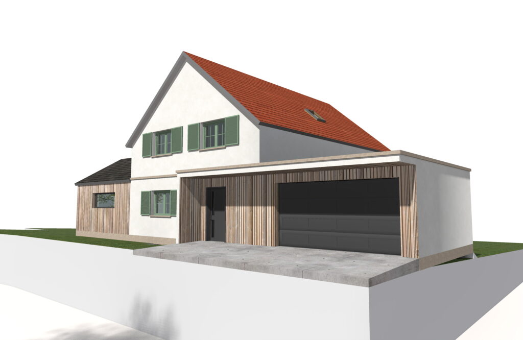 3D-Visualisierung eines Einfamilienhauses mit Satteldach und Garage