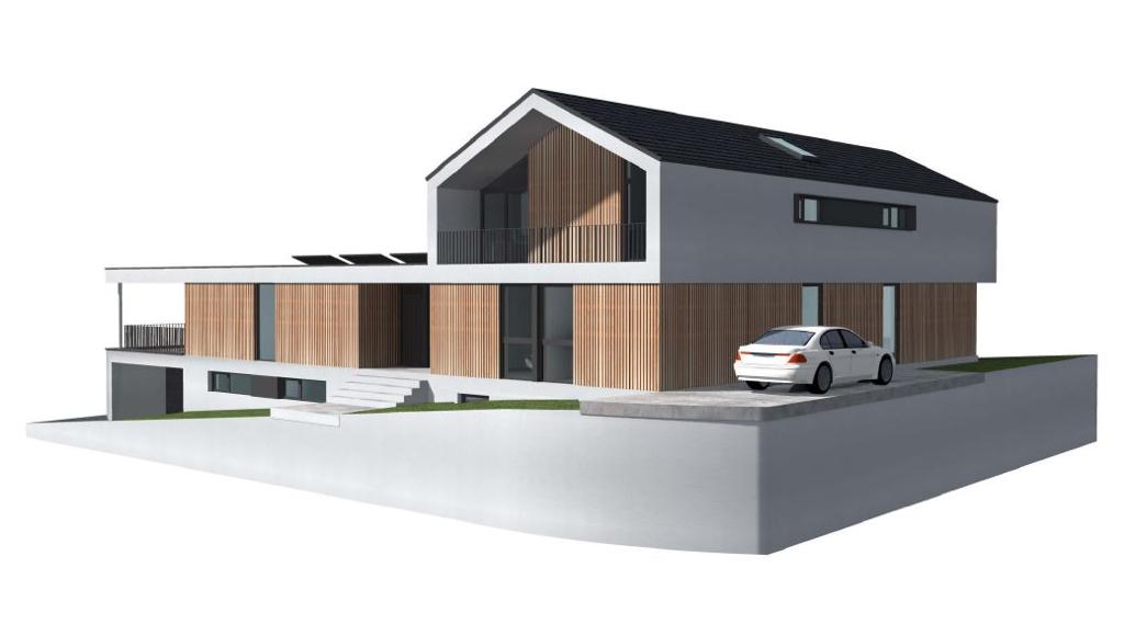 3D-Visualisierung eines modernen Einfamilienhauses mit Garage