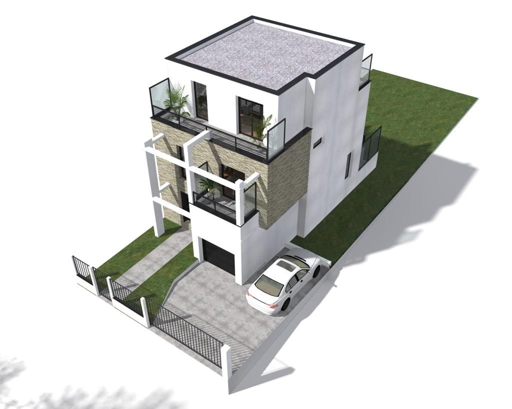 3D-Visualisierung eines mehrgeschossigen Wohnhauses mit Stellplätzen