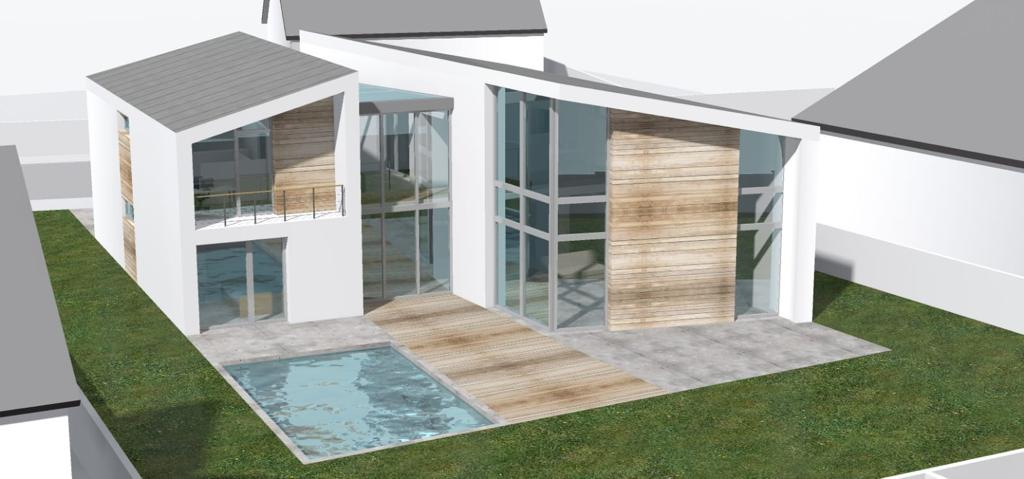 3D-Visualisierung eines modernen Hauses mit Pool und Terrasse
