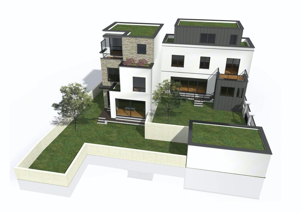 3D-Visualisierung eines mehrgeschossigen Hauses mit begrüntem Dach