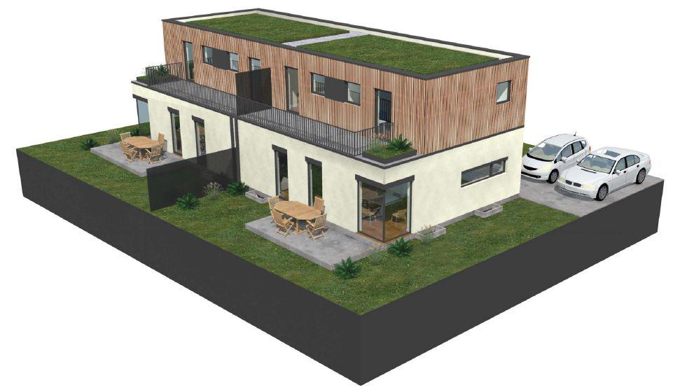 3D-Visualisierung eines Doppelhauses mit Grünfläche und Stellplätzen