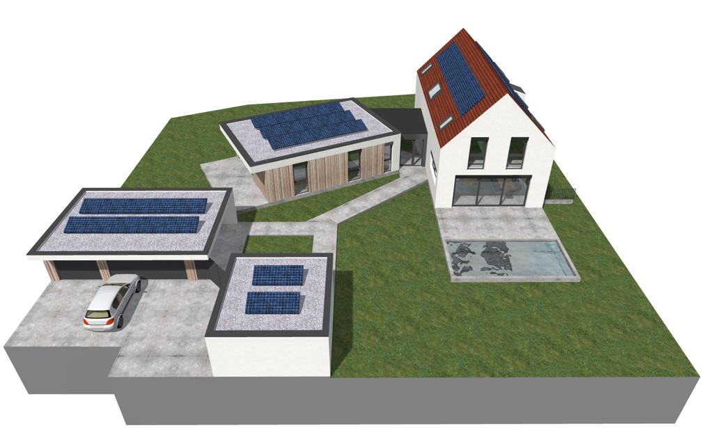 3D-Visualisierung von Wohnhäusern mit Photovoltaik und Pool
