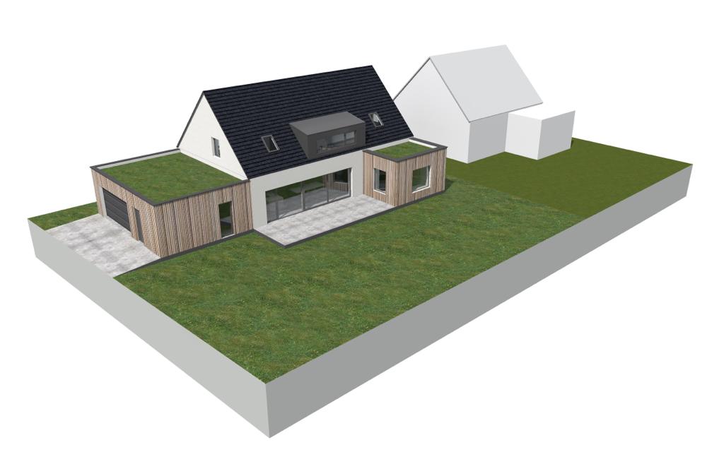 3D-Visualisierung eines modernen Hauses mit Anbau und Garten