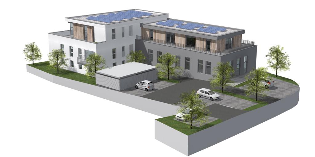 3D-Visualisierung eines Mehrfamilienhauses mit Photovoltaik und Stellplätzen