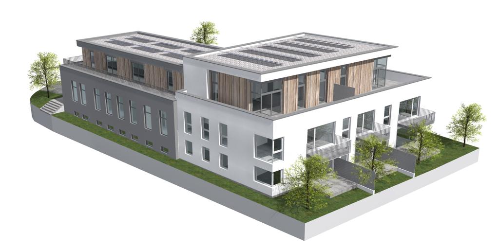 3D-Visualisierung eines Mehrfamilienhauses mit Photovoltaik und Grünanlage