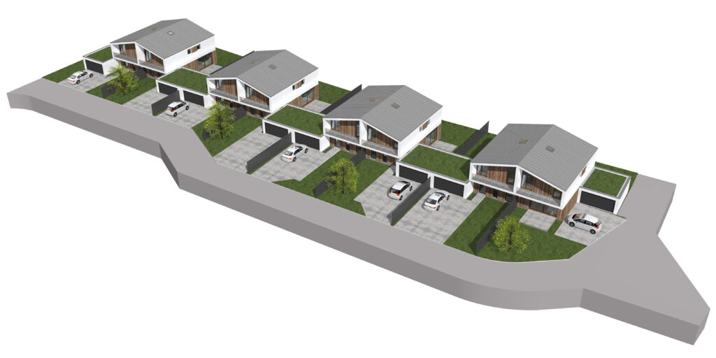 3D-Lageplan einer Wohnsiedlung mit mehreren Gebäuden