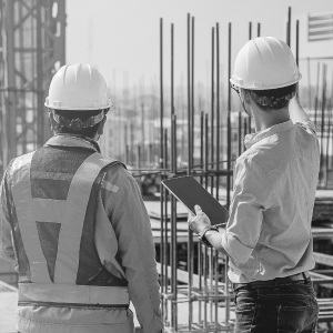 Zwei Bauarbeiter mit Warnwesten an einer Bewehrung auf der Baustelle